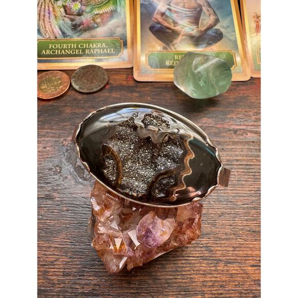 Pyritized Ammonite Geode Cuff Hand Hammered 925 Sterling Silver 6" + 1" Gap - Picture 2 of 6